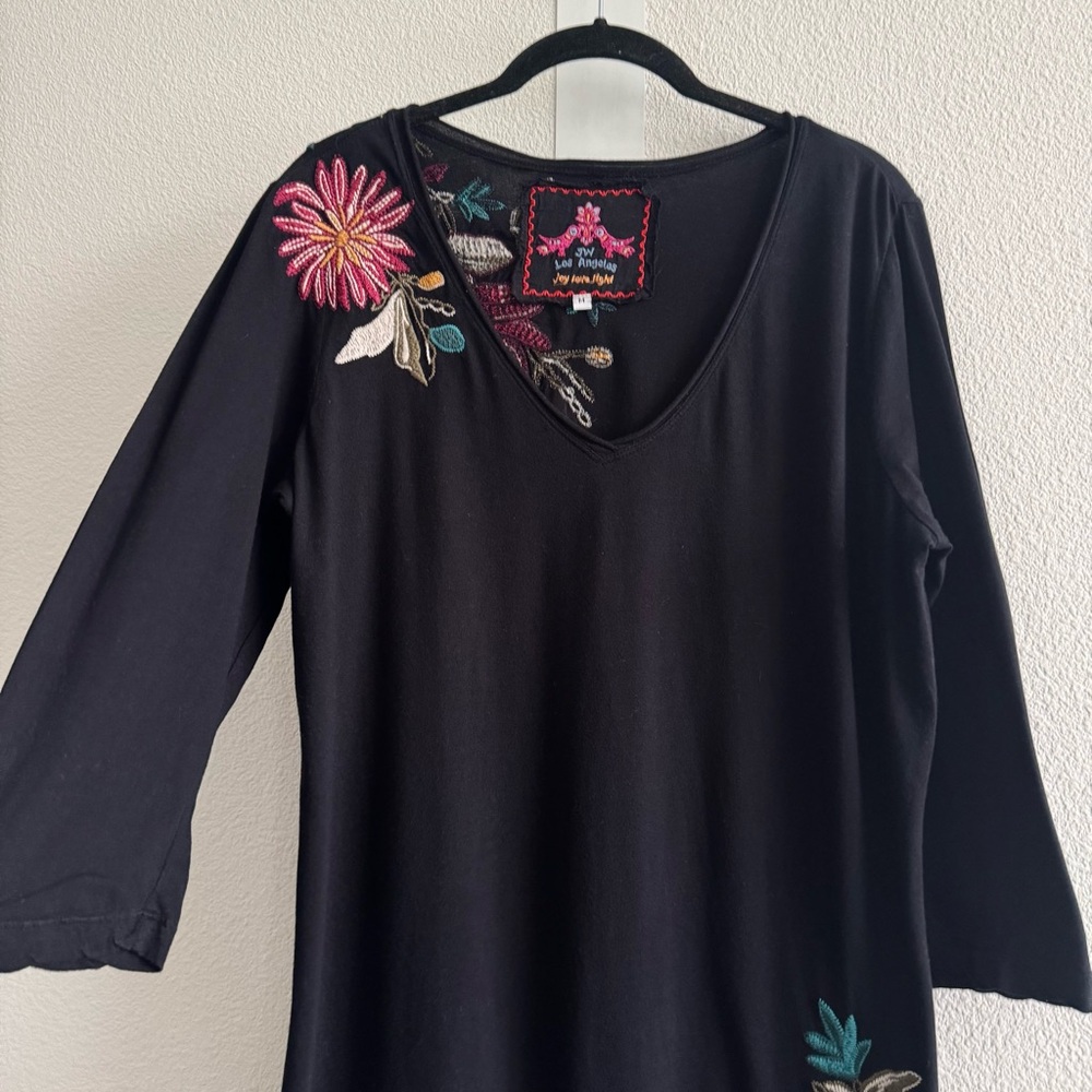 Johnny Was JWLA Black 3/4 Long Sleeve Floral Embroidered Tunic Shirt Dress Boho - Picture 4 of 9